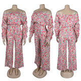 Women Sexy Printed Loose Off Shoulder Elastic Pleated Long Sleeve Top and Wide Leg Pants Two-piece Set