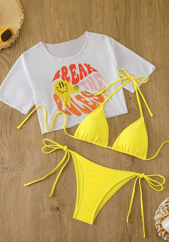 Sexy Bikini Sunscreen Short Sleeve T-Shirt Three-Piece Swimsuit