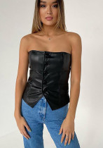 Women's Pu Leather Single-Breasted  Slim Sexy Low Back Strapless Top