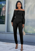 Women Fall/Winter Sexy Solid Color Off Shoulder Lace-Up Long Sleeve Jumpsuit