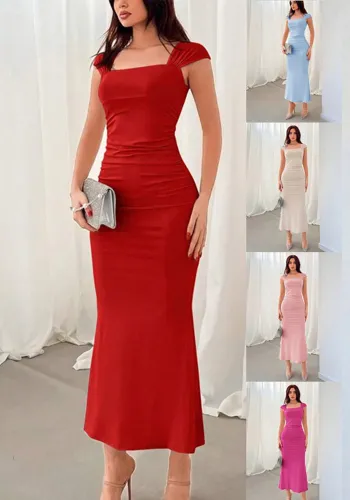Solid Color Strap Slim Fit Pleated Long Dress