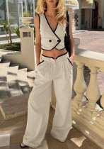 Color Matching Women's Sleeveless Vest Top High Waist Wide Leg Pants Two Piece Set