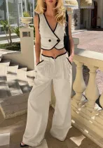 Color Matching Women's Sleeveless Vest Top High Waist Wide Leg Pants Two Piece Set