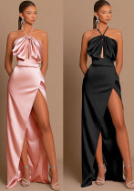 Halter Strap Hollow Slit Satin Long Dress Dress