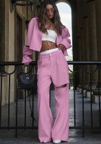 Fashion Women's Long Sleeve Hollow Ripped Top Wide Leg Pants Two Piece Set