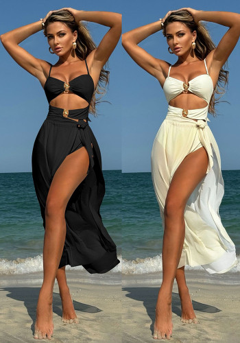 Solid Color Sexy Mesh Long Skirt Two-Piece Bikini Swimsuit