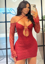 Women Spring Sexy Lace Hollow Tie Bodycon Dress