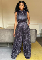 Women sleeveless printed pocket wide-leg jumpsuit