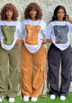 Women Casual Top and Multi-Pocket Pants Two-Piece Set