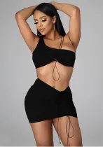 Women Summer Drawstring Pleated Solid Stretchy Top and Skirt Contrast Color Two-piece Set