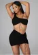 Women Summer Drawstring Pleated Solid Stretchy Top and Skirt Contrast Color Two-piece Set