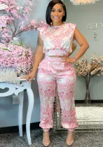 Women sleeveless printed crop top and long pants two-piece set