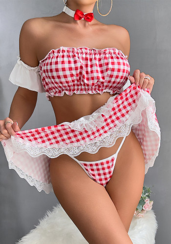 Women Red Plaid Print Cute Girl Uniform Dress Maid Costume Sexy Lingerie