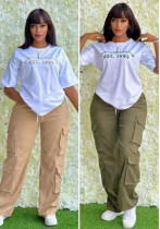 Women Casual Top and Multi-pocket Pants 2-piece Set