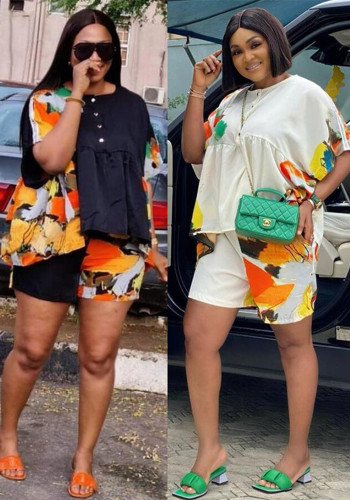 Women round neck short-sleeved printed top and shorts two-piece set