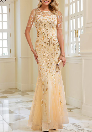 Women Lace mesh embroidered short sleeve Maxi evening dress