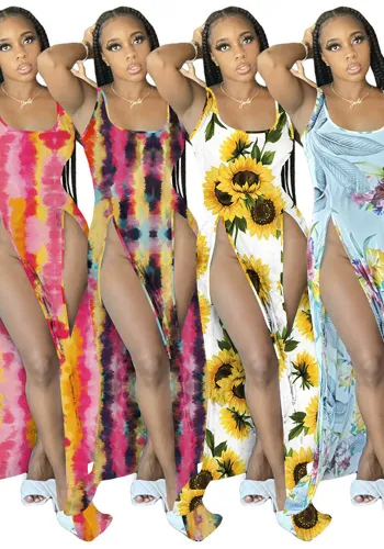Women Printed Beach Gradient Split Strap Dress