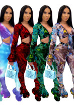 Women V-neck Lace Sexy Print Top and Pant Two-piece Set
