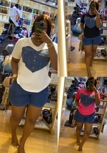 Women Denim Patchwork Top and Shorts 2-piece Set