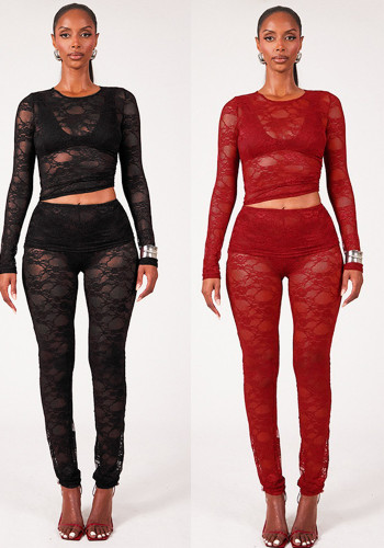 Women Patchwork Lace See-Through Long Sleeve Top and Pants Two-piece Set