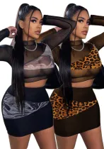 Women Patchwork Sexy Leopard Print Top and Skirt Two-piece Set