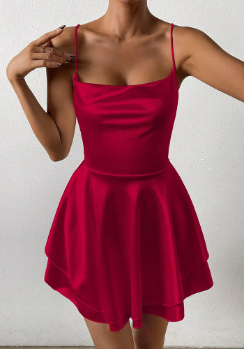 Women Spring Summer Sexy Backless Suspender Satin Lotus Leaf Dress