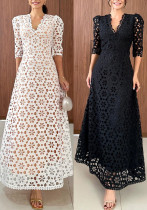 Spring Summer Lace High Waist Half Sleeve Casual Women Holidays Dress