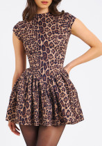 Autumn And Winter Women's Sexy Low Back Round Neck Slim Fit Leopard Pleated Dress
