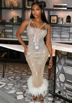 Fashionable Stripsequined Slim Waist Fur Bodycon Party Evening Dress