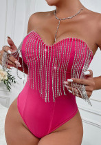 Solid Color Strapless Diamond Tassel Sexy Bodysuit