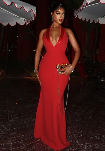 Spring Women's Clothing Sexy Sleeveless Sexy Deep V Neck Halter Neck Low Back High Waist Dress