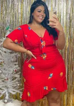 Summer Fashion Plus Size Printed Short Sleeve V-Neck Tied Knot Two Piece Skirt Set
