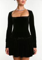 Autumn And Winter Women's Velvet Slim Long Sleeve Ruffle Dress