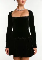 Autumn And Winter Women's Velvet Slim Long Sleeve Ruffle Dress