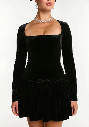 Autumn And Winter Women's Velvet Slim Long Sleeve Ruffle Dress