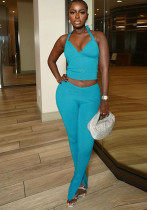 Autumn Fashion Trend Solid Color Halter Neck V Neck Tank Top Tight Fitting Trousers Two Piece Set