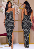 Fashionable Women's Clothing Beaded Slim Sexy Bodycon Slit Dress