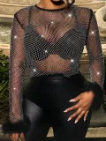 Women Sexy See-Through Beaded Mesh Long Sleeve Patchwork Feather Top