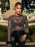 Women Sexy See-Through Beaded Mesh Long Sleeve Patchwork Feather Top