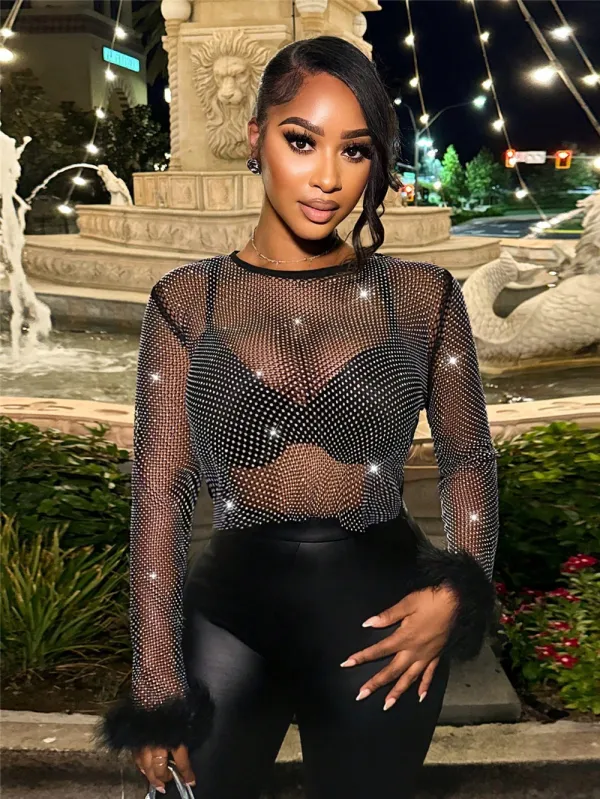 Women Sexy See-Through Beaded Mesh Long Sleeve Patchwork Feather Top