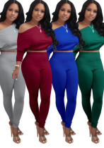 Women sexy Slash Shoulder T-shirt and Pants Casual two-piece set