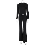 Women Autumn and Winter Crop Long Sleeve Top Lace Bell Bottom PantTwo Piece Set