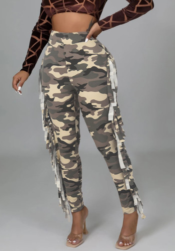 Women spring and autumn camouflage tassel Pants