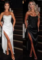 Women Sexy Sequin Strapless Top and Slit Skirt Two-piece Set