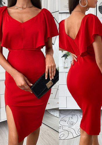 Women Red V-neck Slit Dress