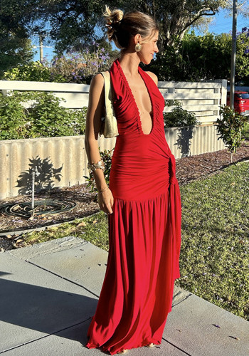 Women Halter Neck Sexy Backless V-neck Pleated Slit Dress