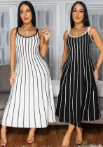 Women retro stripe patchwork contrast backless sleeveless dress