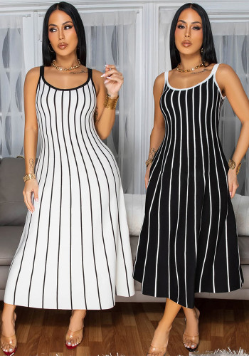 Women retro stripe patchwork contrast backless sleeveless dress