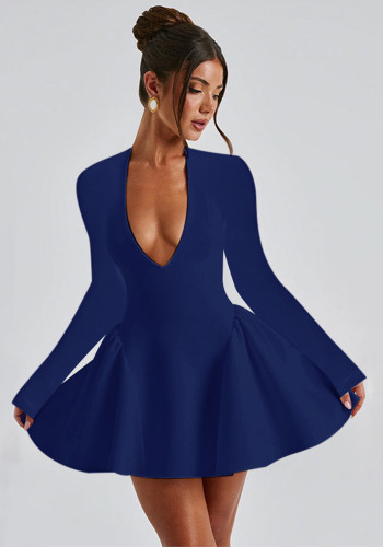 Autumn And Winter Fashion Sexy Slim Deep V Long Sleeve Slim Waist A-Line Dress