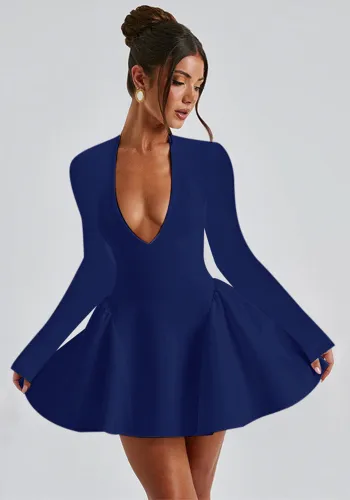 Autumn And Winter Fashion Sexy Slim Deep V Long Sleeve Slim Waist A-Line Dress